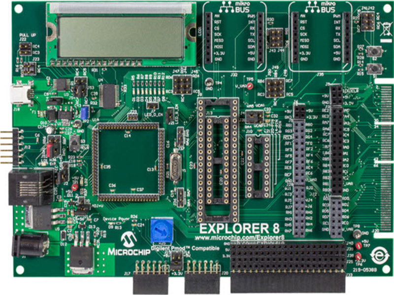 Full-featured DM160228 Explorer 8 development board for 8-bit PIC microcontrollers